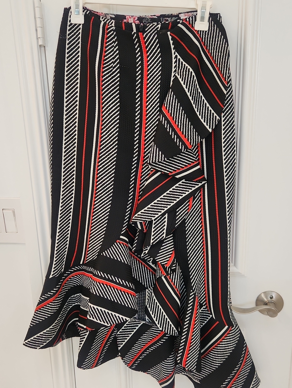 Gracia Black, White & Red Striped High-Low Ruffle Skirt